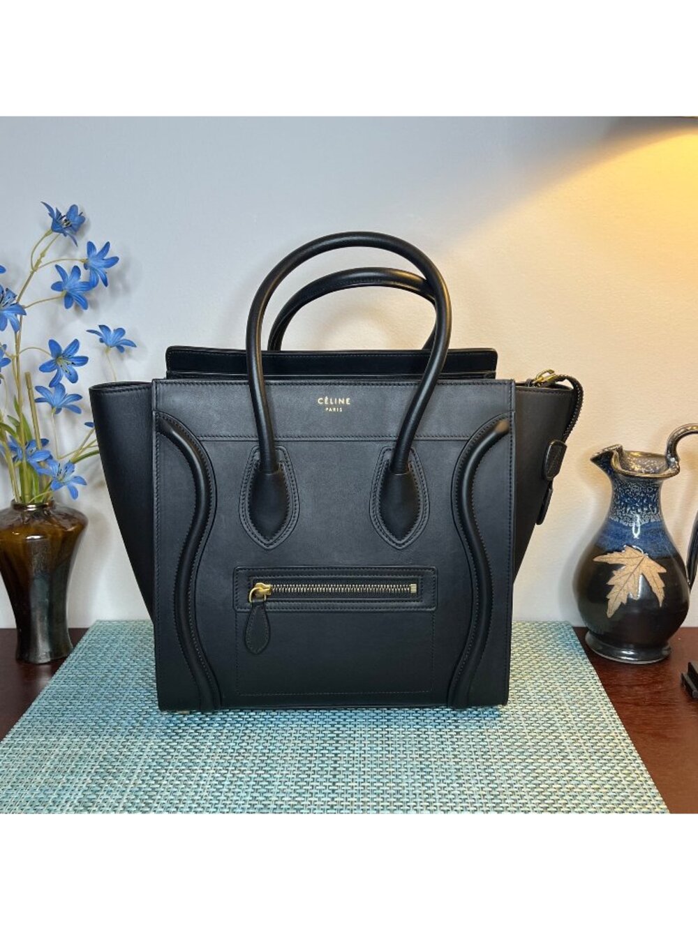 Céline Micro Luggage Tote Black Leather Top Handle Gold Hardware